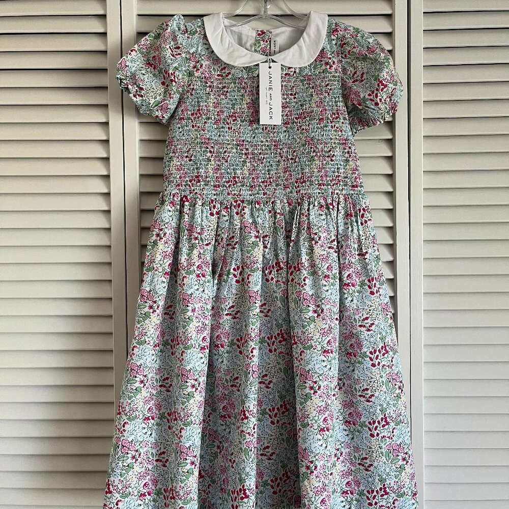 NEW with tags Janie and Jack floral smocked bow dress White & Blue girl’s size 7